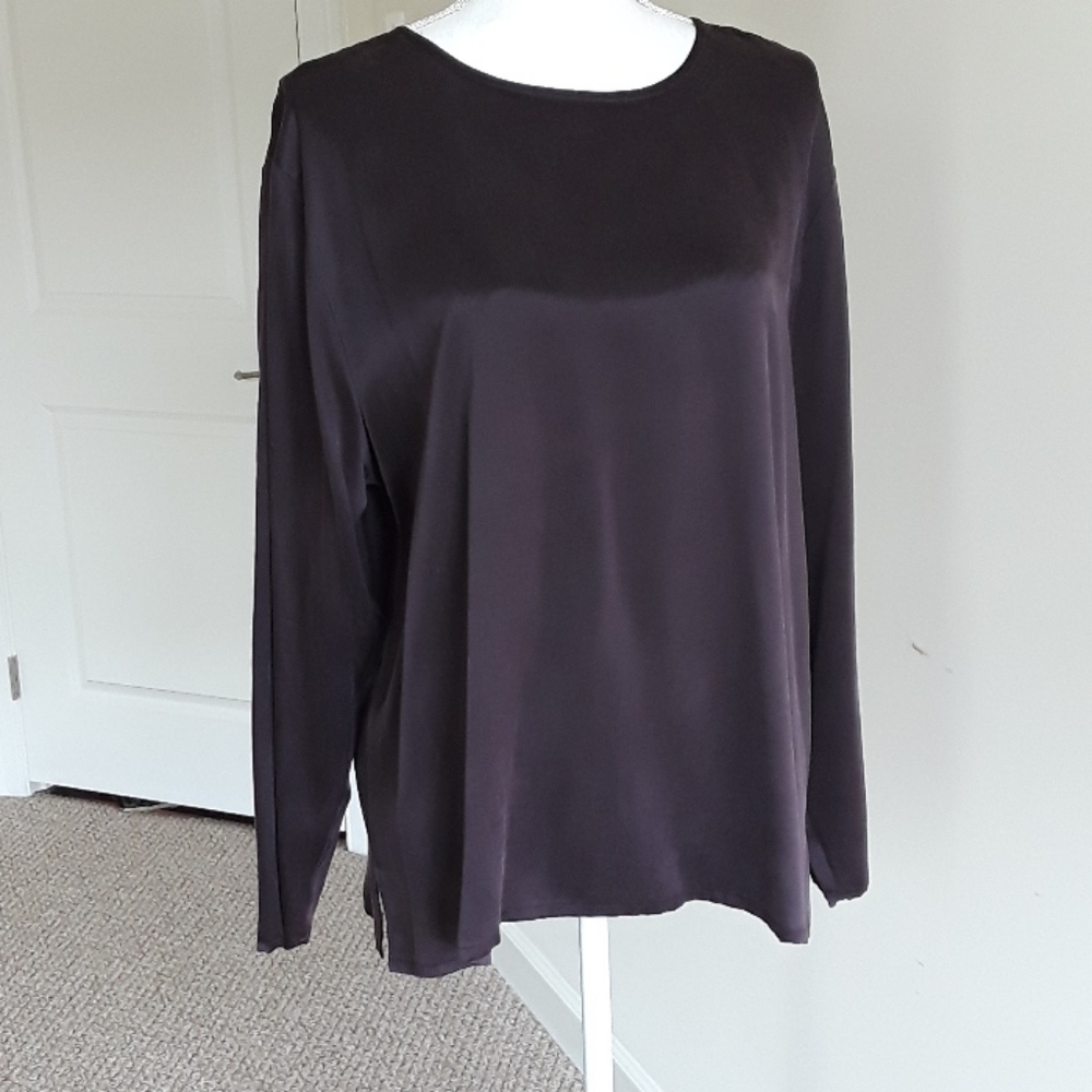 Aubergine colored 100% silk long sleeve blouse.